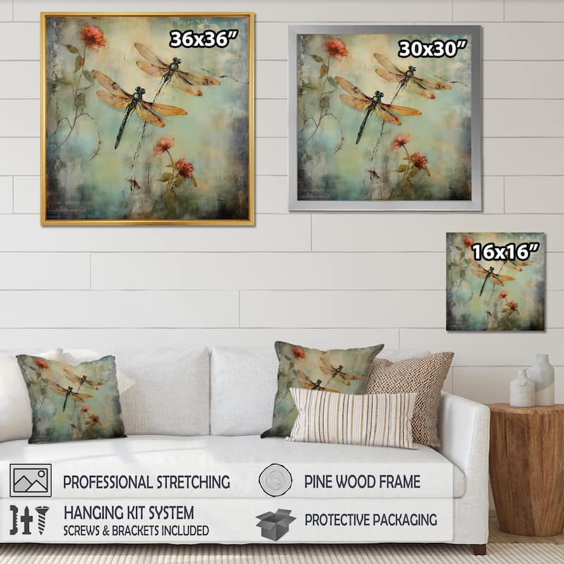 Designart "Vintage Painting Of Dragonfly Flying" Animals Dragonfly Framed Canvas Prints
