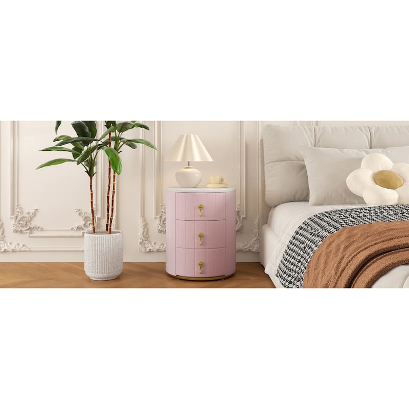 Round Nightstand with 3 Drawers, Velvet Upholstered Storage Cabinet, Sofa Side Table with Marble Table Top & Metal Legs
