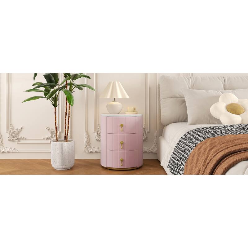 Upholstered 3-Drawer Nightstand - Round Marbling Top Bedside Table (Fully Assembled Except Handles, Pink)