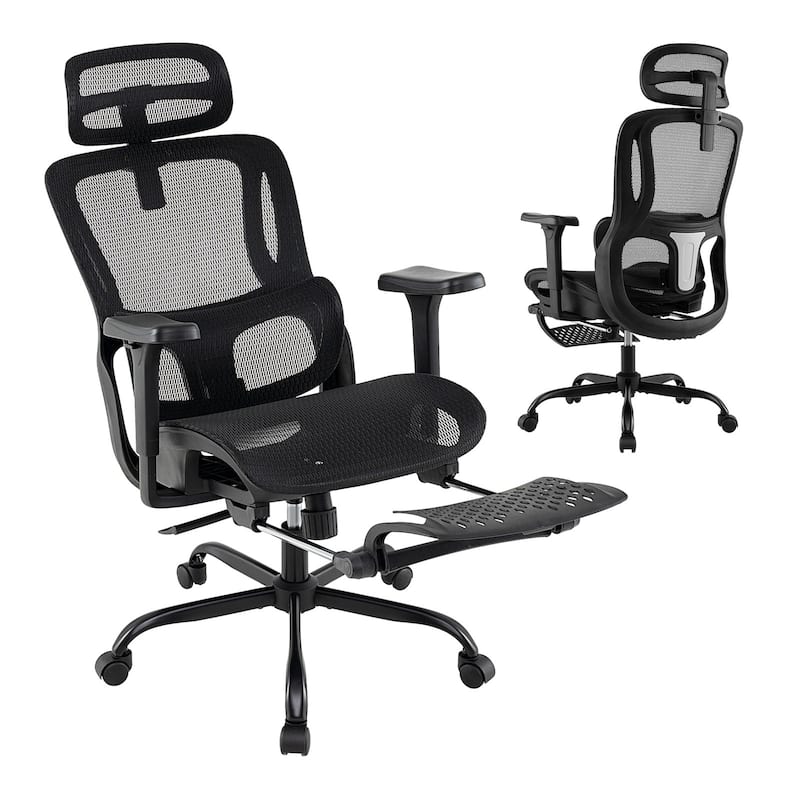 Ergonomic Mesh Office Chair with Reclining Backrest 3D Armrests Adjustable Headrest Lumbar Support and Footrest Black