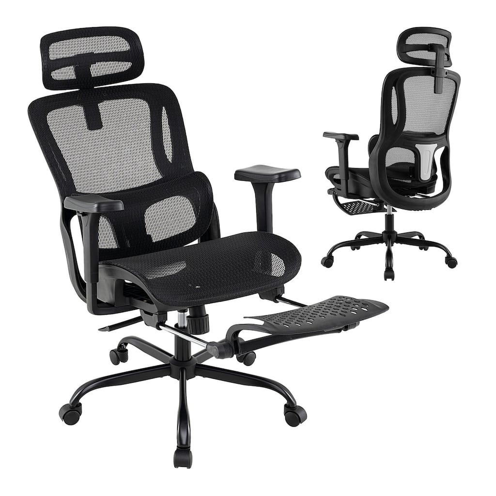 Ergonomic Mesh Office Chair with Reclining Backrest 3D Armrests Adjustable Headrest Lumbar Support and Footrest Black