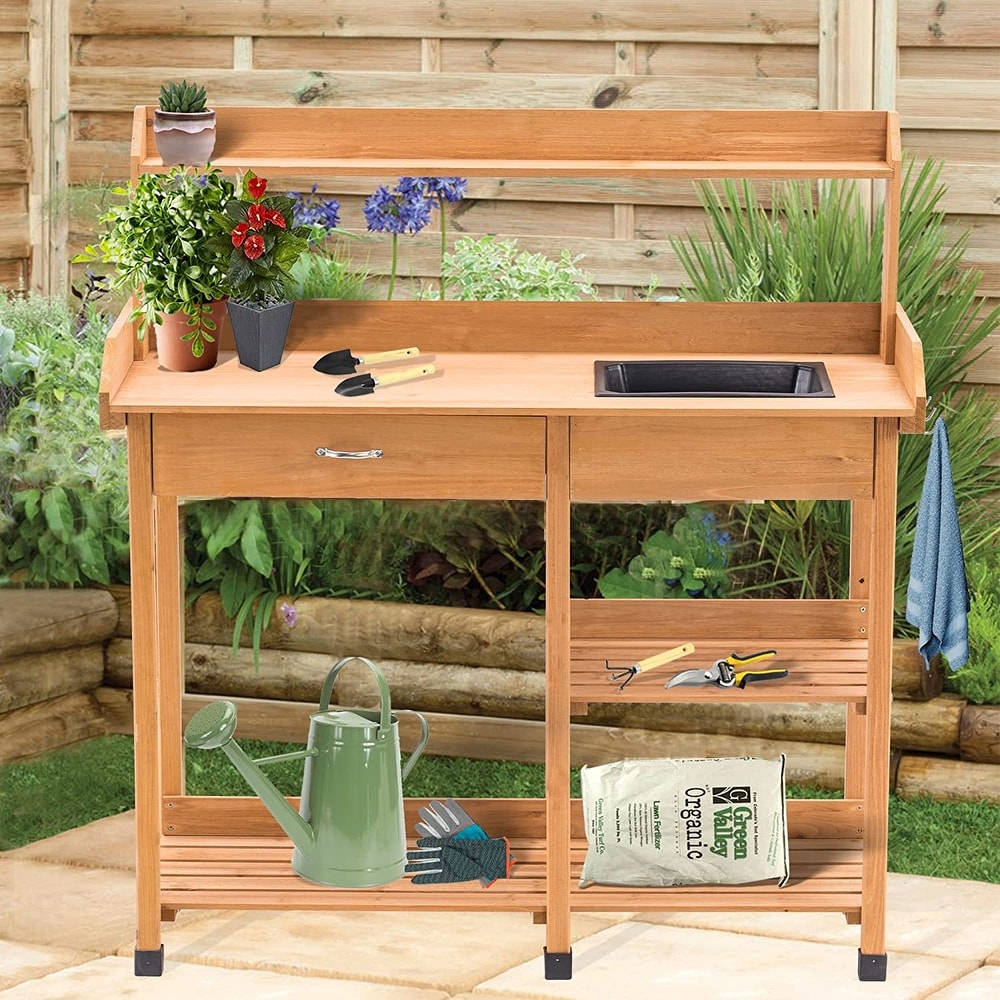Imtinanz Outdoor Wooden Planting Potting Workstation Table 