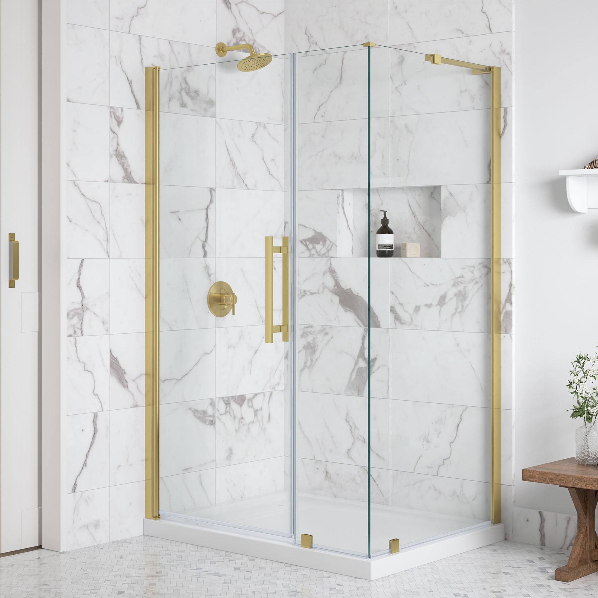 OVE Breeze Pivot Corner Frameless Pivot Shower Door Kit with Base Pan