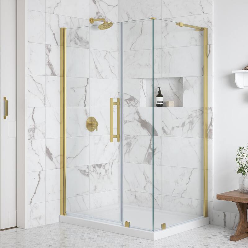OVE Breeze Pivot Corner Frameless Pivot Shower Door Kit with Base Pan - 48" - Brushed Gold