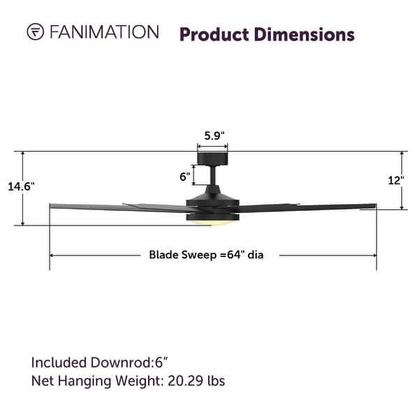 Fanimation Brawn 64 inch Indoor/Outdoor Smart Ceiling Fan with LED CCT Select Light Kit and Remote - Black