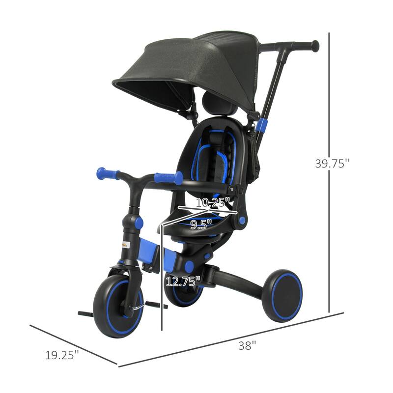 Qaba 3-in-1 Toddler Tricycle with Aluminum Frame, Kids Trike with Adjustable Push Handle, Canopy and Seat Angle for 18-48 Months