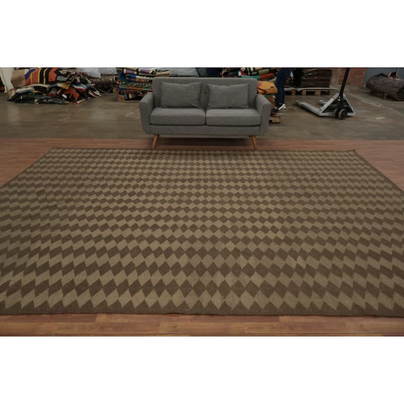 Hand Woven Oriental 100% Wool Carpet Southwestern All-Over Brown Kilim Area Rug - 13' 1'' X 10' 0''
