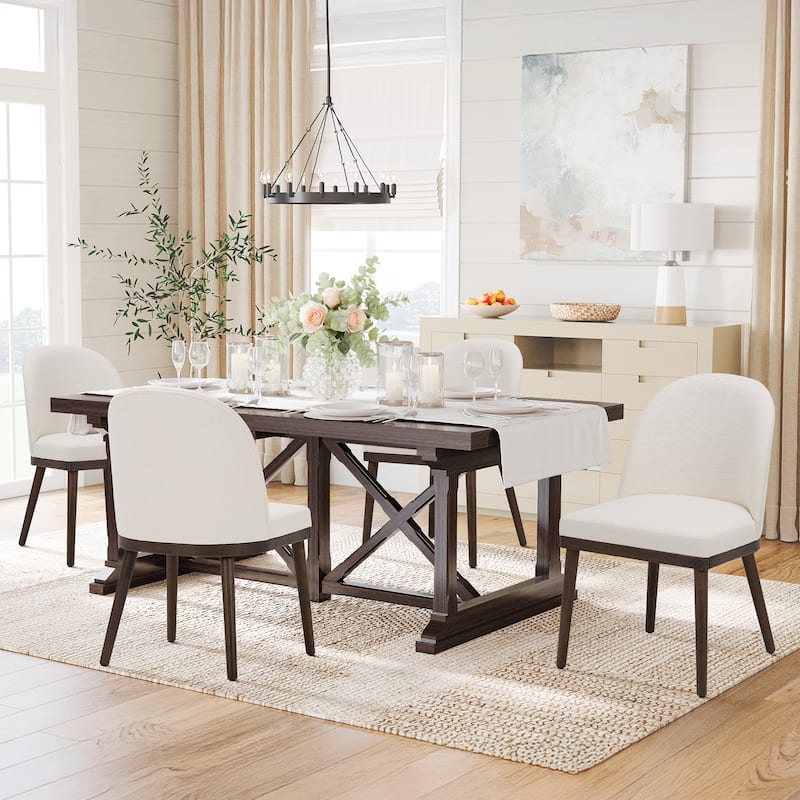 Upholstered Fabric Dining Chairs with Curved Backrest - Set of 4 - Beige