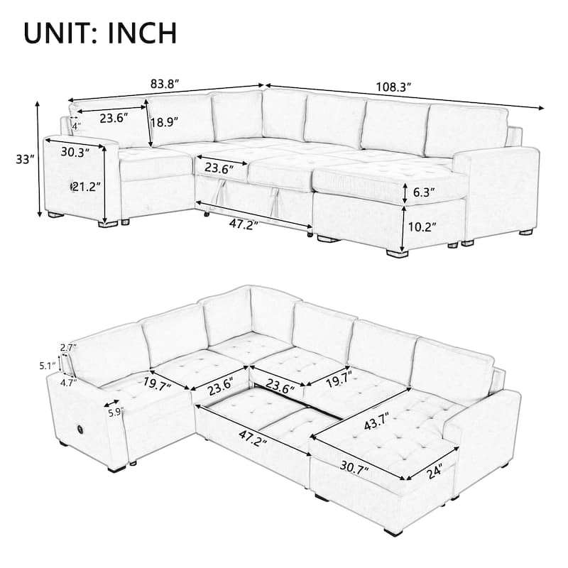108.3'' Spacious U-Shape Sectional Sofa for 6, Pull-Out Bed, Lounge Chair with USB & Type-C Ports