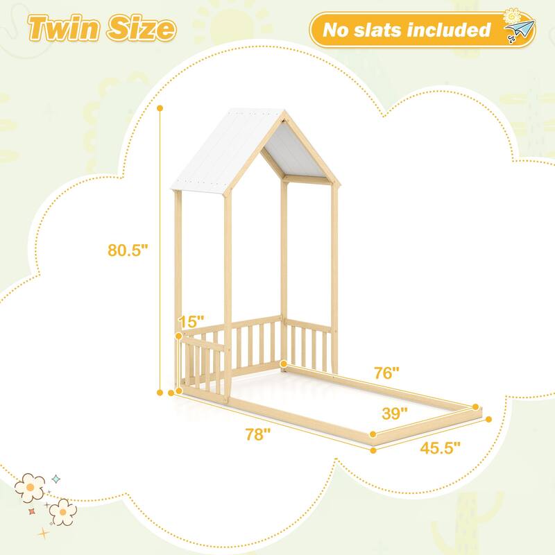 Twin Size Wooden Montessori Floor Bed with House Shape Frame and Semi-Fence Railings for Kids Room