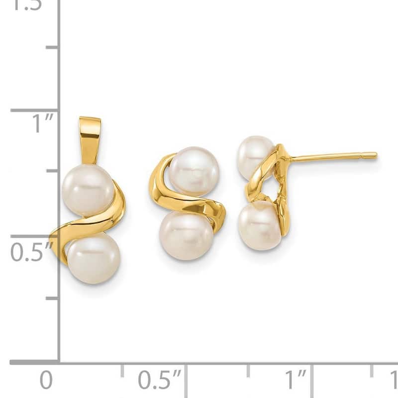 Curata 14k Yellow Gold 5-6mm White Button Freshwater Cultured Pearl Earrings and Pendant Necklace Set