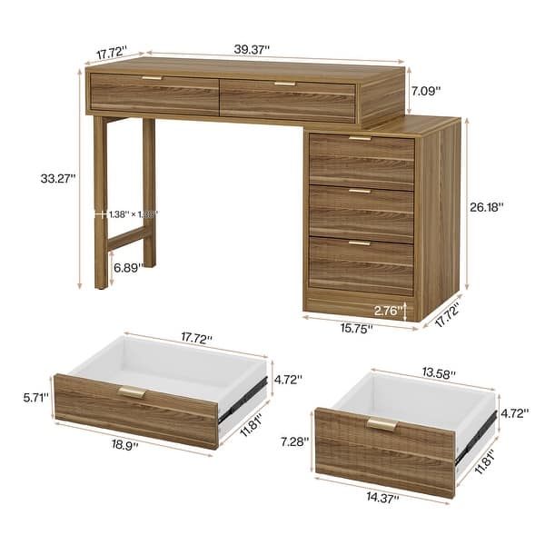 dimension image slide 0 of 4, Modern Wood Computer Desk with 5-drawer for Home Office