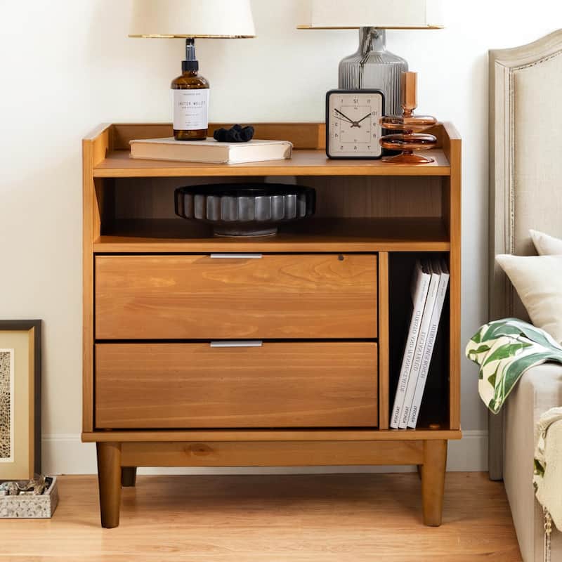 Mid-Century Modern Solid Wood 2-Drawer Gallery Nightstand