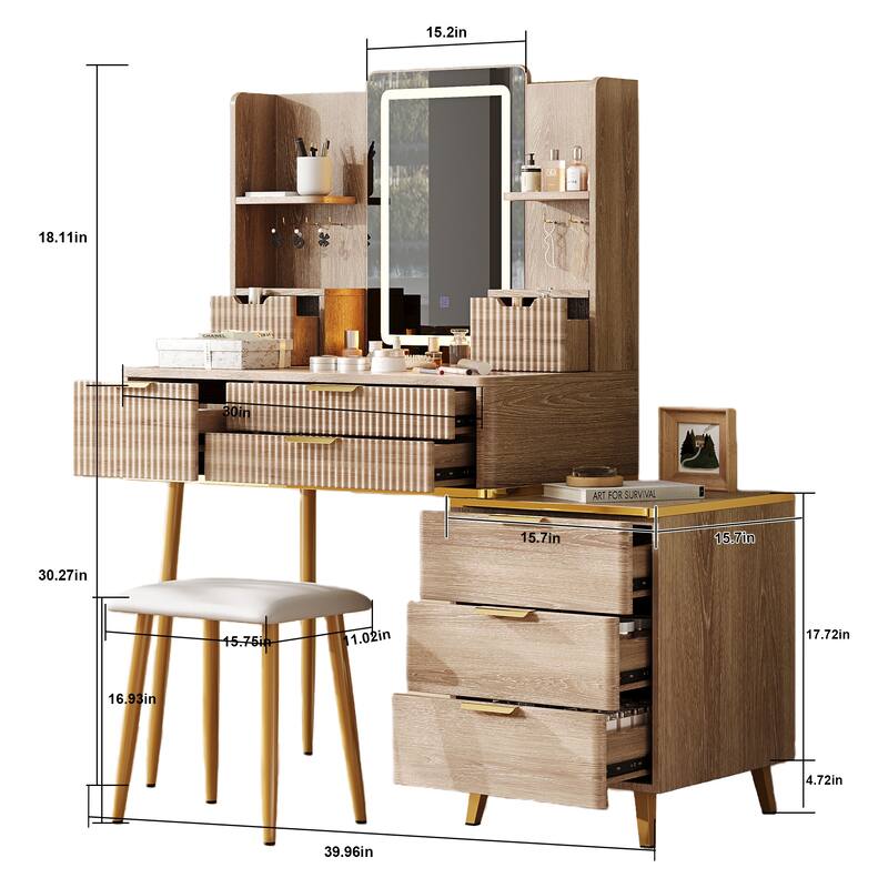 7-Drawer Vanity Desk with LED Mirror, Carved Fluted Details, Metal Legs & PU Stool