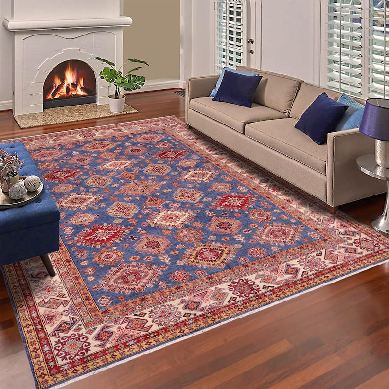 Caucasian Super Kazak Revel Blue/Natural Hand Knotted Wool Rug - 8'8'' x 12'2''