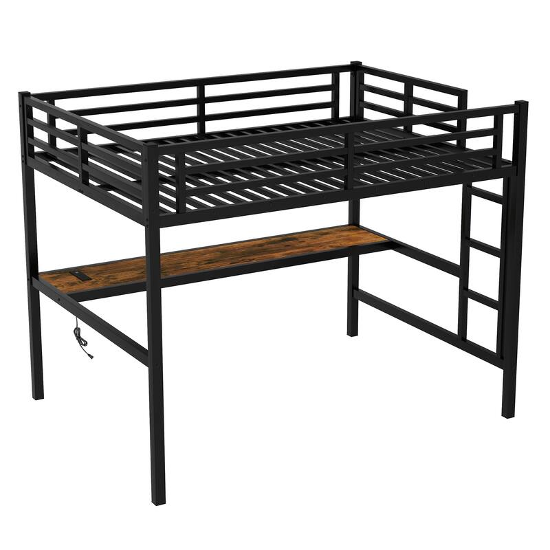 Metal Full Size Loft Bed with Wood Desk, USB, Power Outlet and LED Lighted, High Loft Bed with Ladder and Safety Guardrails