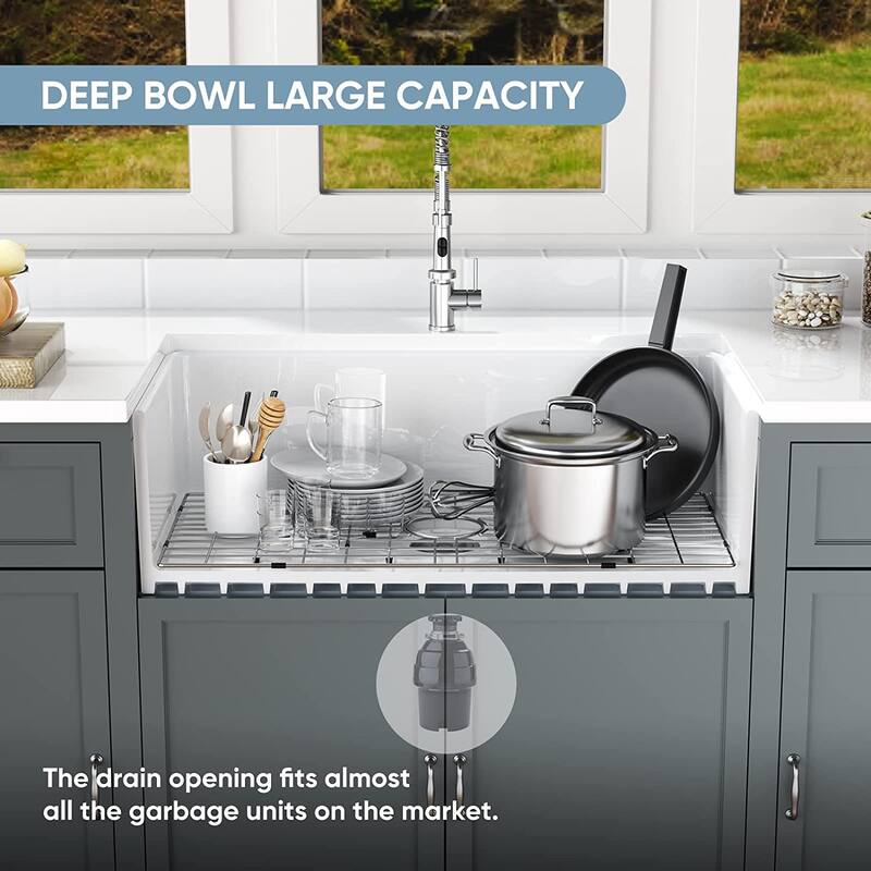 HOROW White Fireclay 33 in. L x 18 in. W Rectangular Single Bowl Farmhouse Apron Kitchen Sink with Grid and Strainer