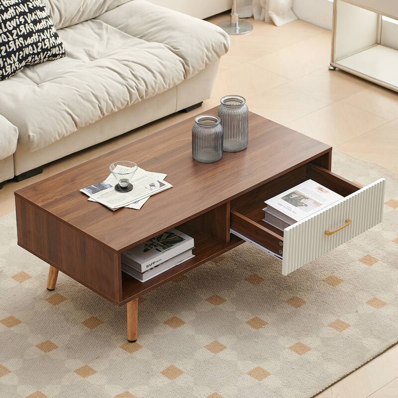 Modern Coffee Table with Drawer for Living Room,Solid Wood Legs