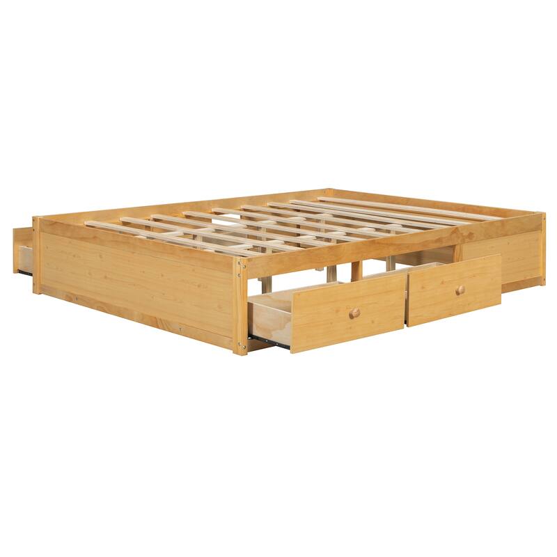 Queen Size Platform Bed Open Frame with Footboard Storage and 4 Drawers