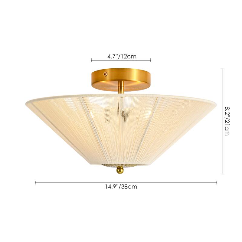 2-Light Modern Contempoary Beige Hand-Woven Shade Semi-Flush Mount Ceiling Light - 14.96 in. W x 7.87 in. H x 14.96 in. D