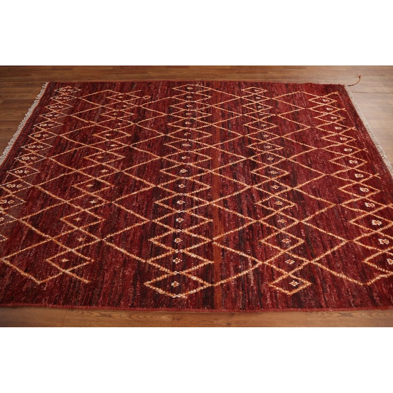 Hand Knotted Oriental 100% Wool Carpet Modern Tribal Red Moroccan Area Rug - 7' 8'' X 5' 7''