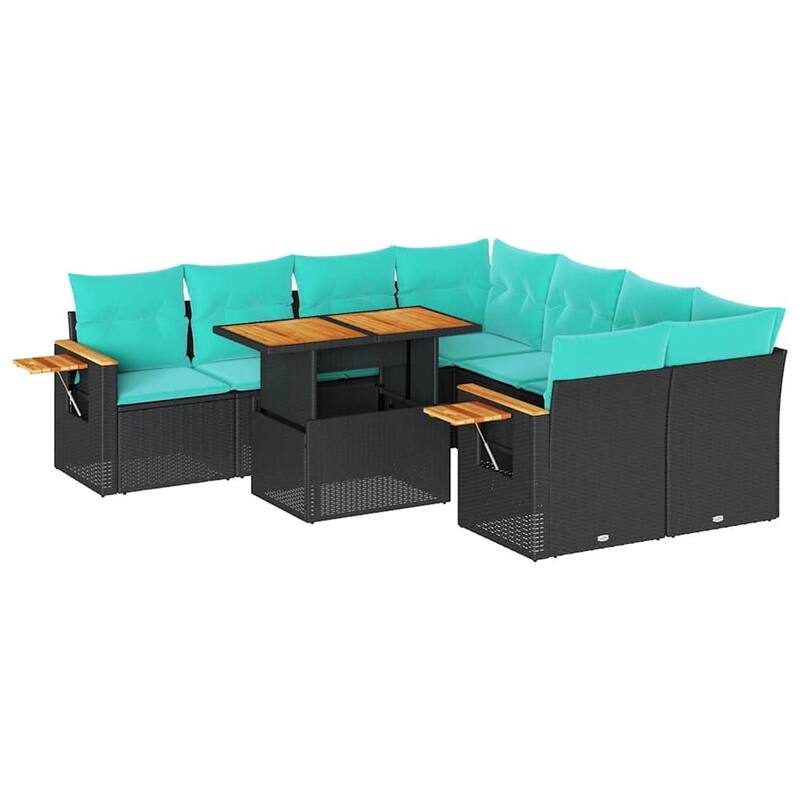 vidaXL 9 Piece Patio Sofa Set with Cushions Black Poly Rattan - 21.7 x 24.4 x 27.2