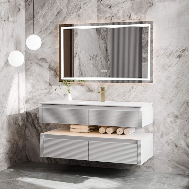 Modland 48" Modern Wall-Mounted Single Sink Bathroom Vanity with Engineered Stone Countertop,Soft-Close Drawers