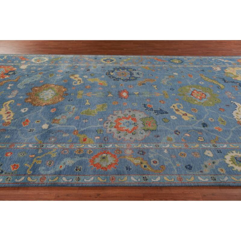 All-Over Blue Oushak Indian Large Rug Hand-Knotted Wool Carpet - 9'1" x 17'9"