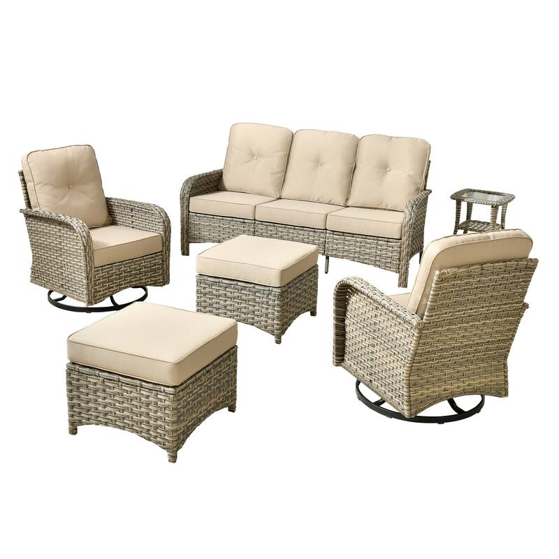 HOOOWOOO 6-piece Outdoor Furniture Wicker Rattan Swivel Chair Set with Ottoman