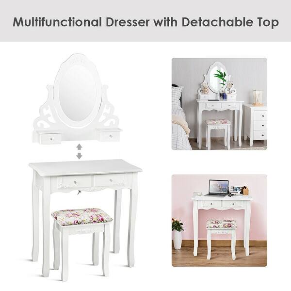 Gymax Bedroom Wood Vanity Makeup Dressing Table Stool Set White Overstock 23076388