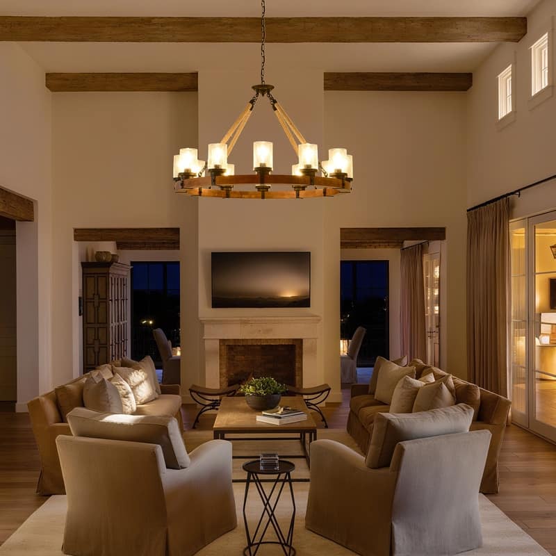 Farmhouse Wagon Wheel Chandelier Round Wood Pendant Lighting Fixture for Dining Room