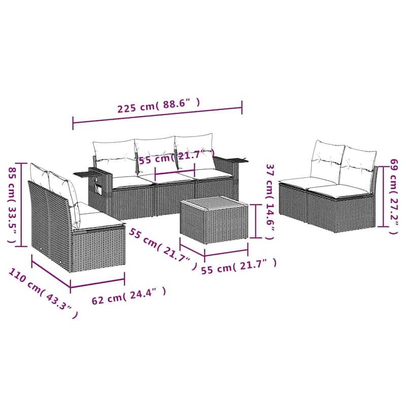vidaXL 8 Piece Patio Sofa Set with Cushions Black Poly Rattan - 21.7" x 24.4" x 27.2"