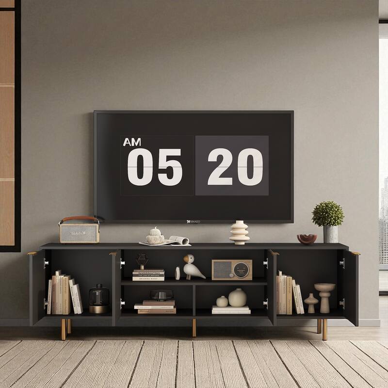Modern Fluted TV Stand with 4 Storage Cabinets & Gold Legs, Entertainment Center for 55 Inch to 70 Inch TVs