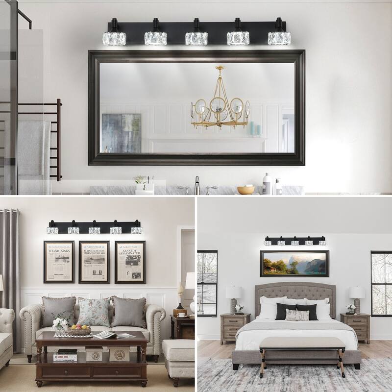 Modern 5-Light Matte Black LED Vanity Light Fixture with Crystal Glass Shades, Bathroom Wall Sconce