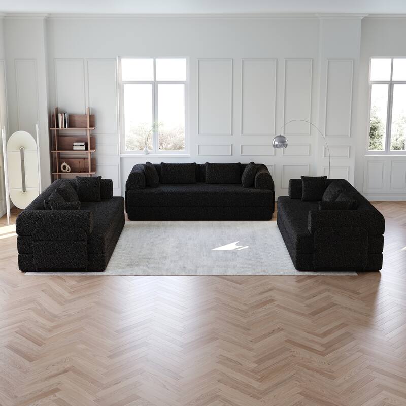 Anmytek 78.7" Chenille Convertible Sleeper Sofa Bed - 3PCS with Cylindrical Pillow & Side Pocket