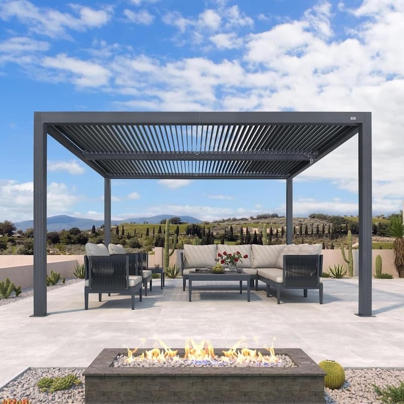PURPLE LEAF Grey Louvered Pergola Accessories Roller Blinds, Strip Light and Shutter Wall(Pergola Not Included) - 10' x 13' - Pergola Only