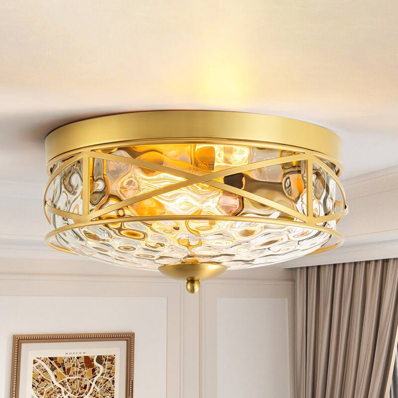 2-Light Mid-Century Modern Vintage Round Dome Water Rippled Clear Glass Cage Flush Mount Ceiling Light