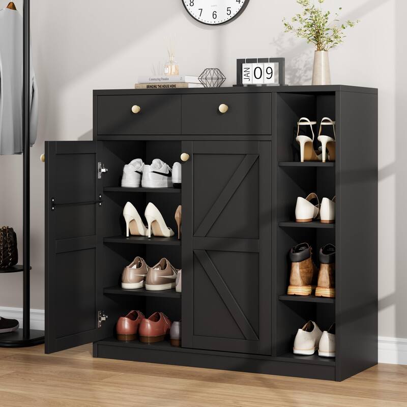 Shoe Storage Cabinet with Doors and Drawers, 42'' Tall Modern Shoe Cabinet with 3 Adjustable Shelves and Stable Base - Black