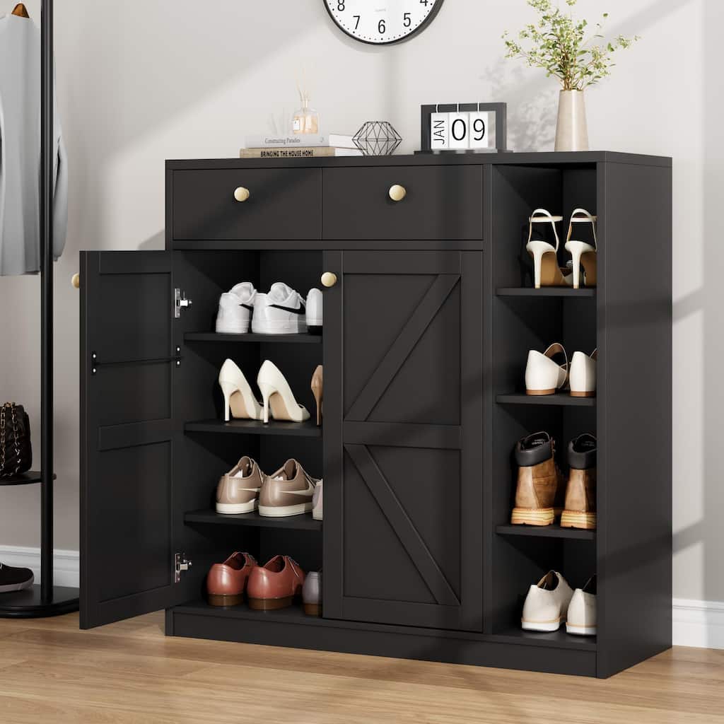 Shoe Storage Cabinet with Doors and Drawers, 42'' Tall Modern Shoe Cabinet with 3 Adjustable Shelves and Stable Base