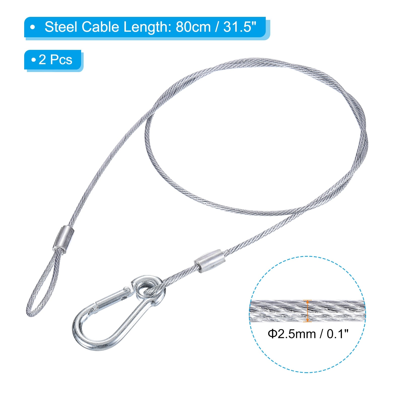 Stainless Steel Safety Cable Flexible Security Wire Rope Lock Double Loops with Hook for Stage Lighting Luggage,