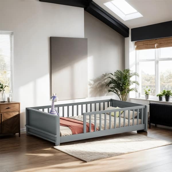 slide 2 of 46, Twin size Floor Platform Bed with Built-in Book Storage Rack