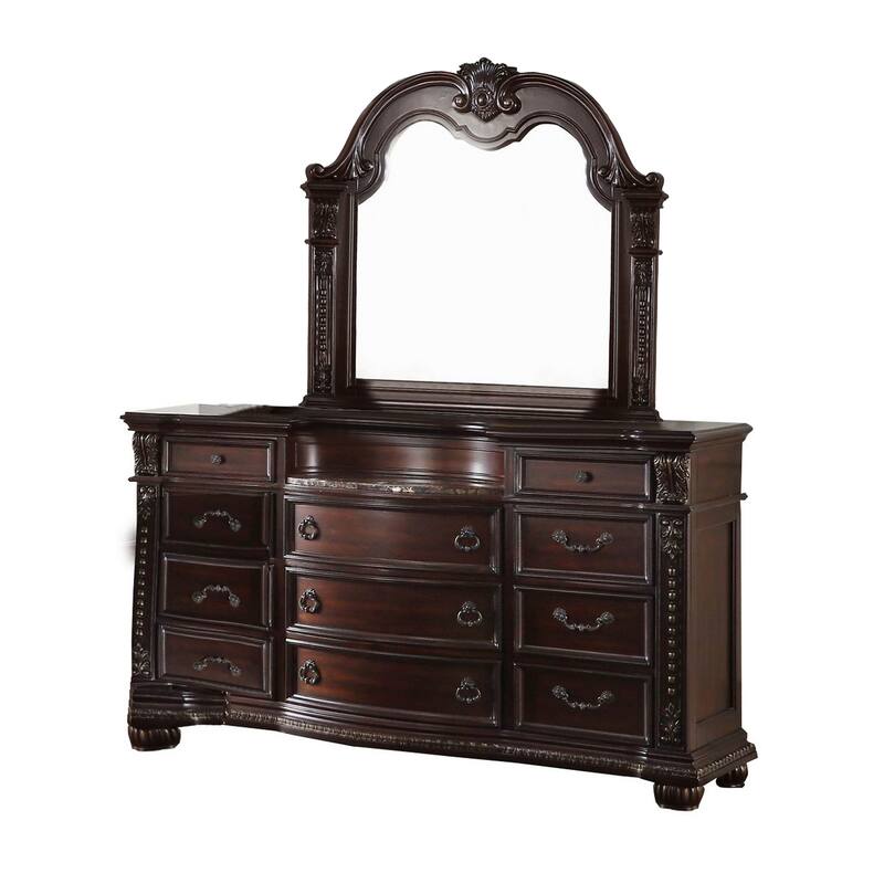 Caitlin Four Pc Queen Bedroom Set, Tufted Faux Leather Headboard, Marble Tops, Brown