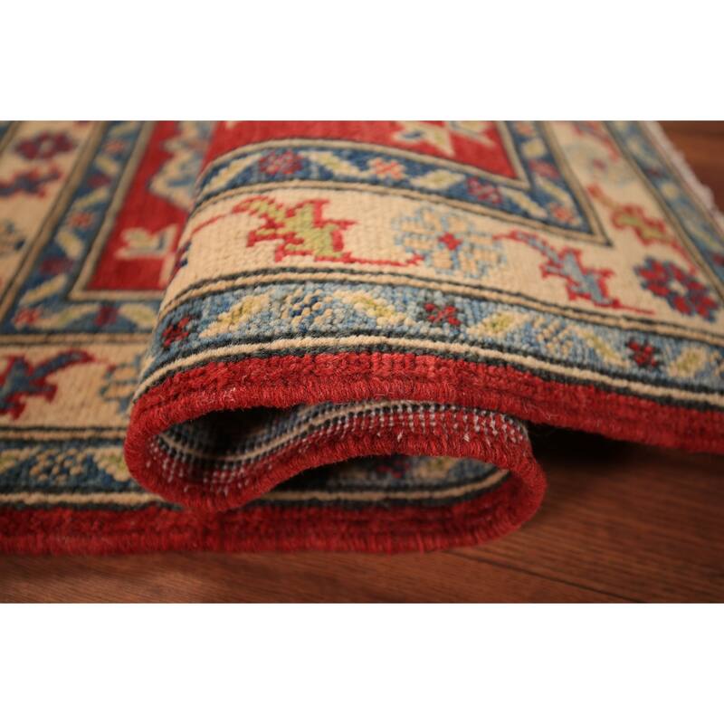 Geometric Kazak Accent Rug Traditional Handmade Red Wool Carpet - 2'0" x 3'0"