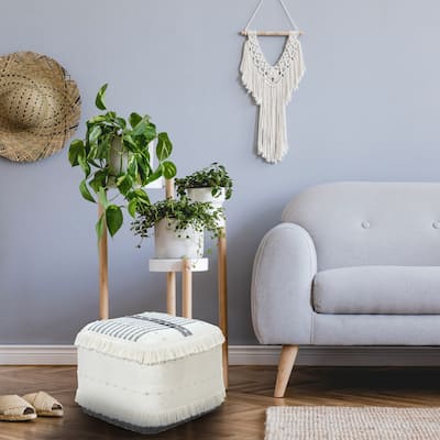 Sevita Black and Ivory Farmhouse Chic Shag Stripe Pouf Ottoman