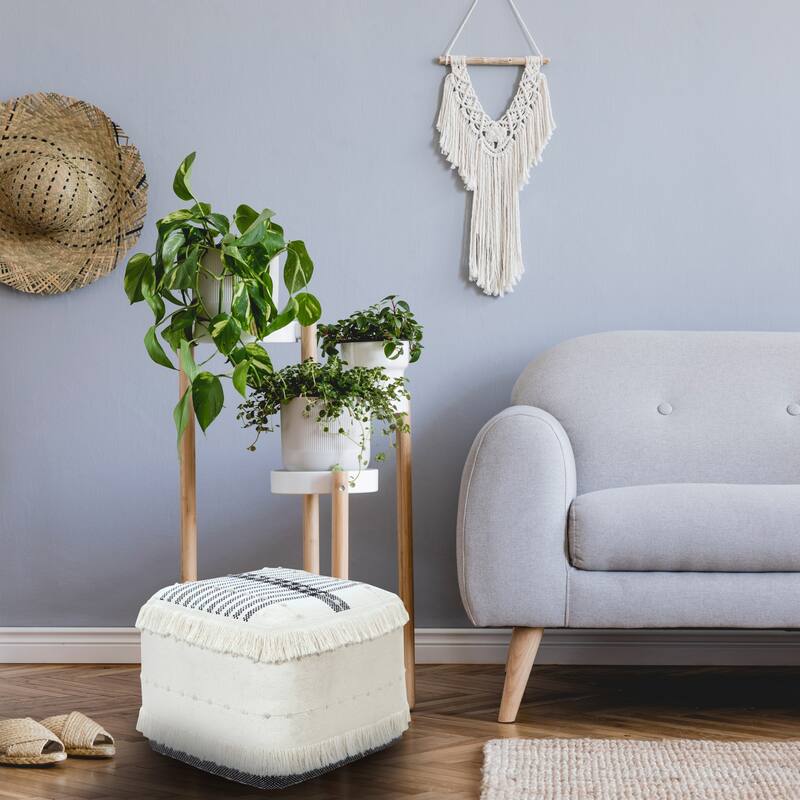 Sevita Black and Ivory Farmhouse Chic Shag Stripe Pouf Ottoman