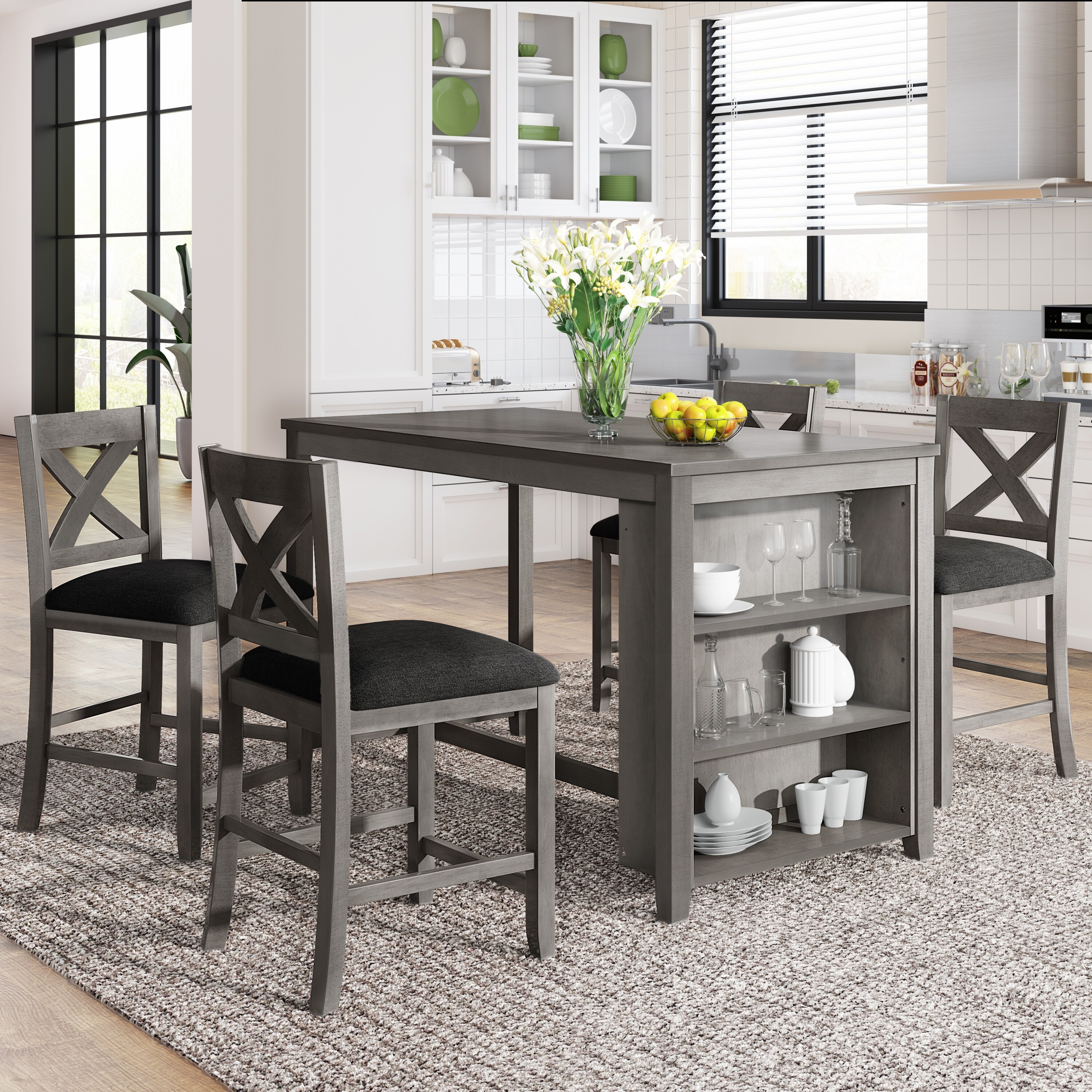Counter Height Dining Table with Storage Shelf 4 Bar Chairs 5 PCS