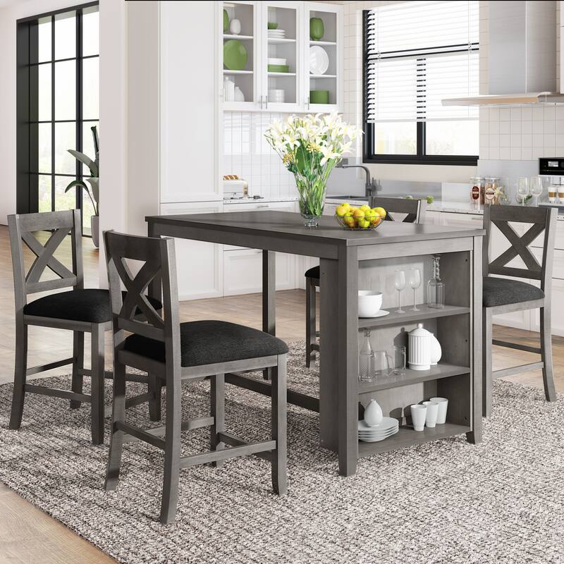 Dining Room Wooden Bar Table Set with 4 Chairs, Kitchen Table with Open Storage Shelves, Upholstered Chairs