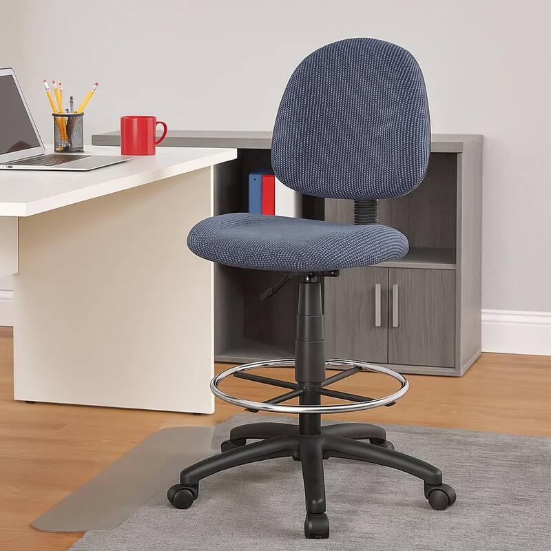 Jea Drafting Stool Chair, Blue Tweed, Contoured Back and Footring