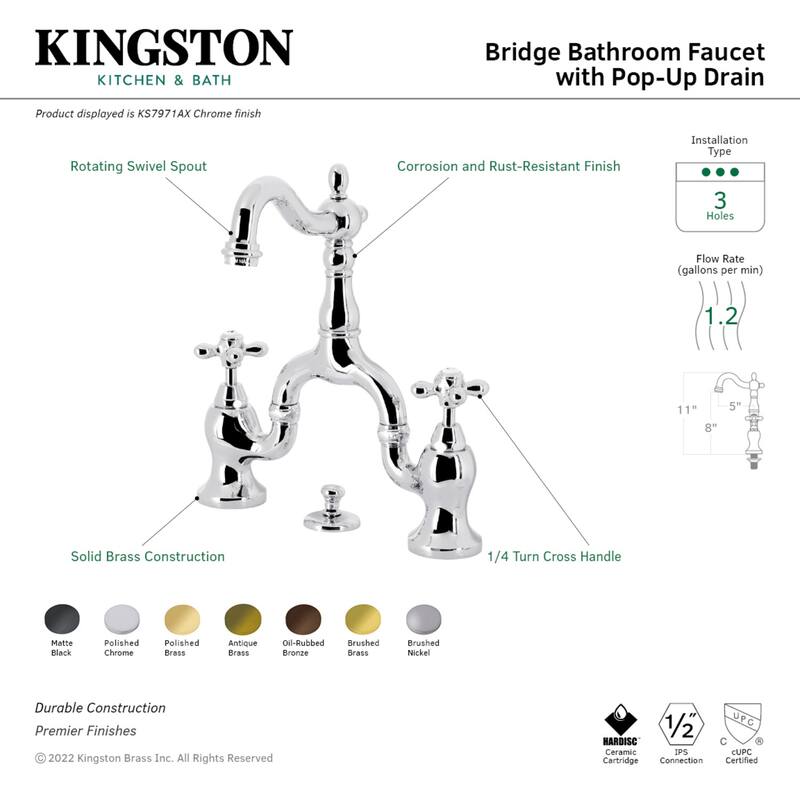 English Country Bridge Bathroom Faucet with Brass Pop-Up