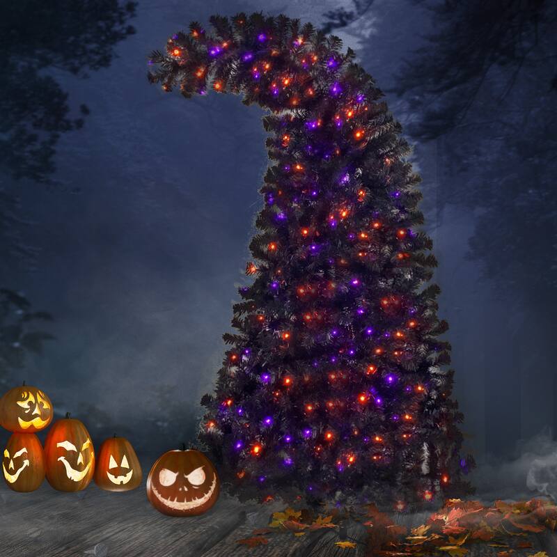 6ft Artificial Fir Bent-Top Halloween Christmas Tree, 300 LED Lights, Bendable Grinch Style Holiday Decoration - Black